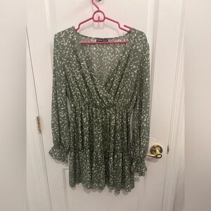 Olive Green Leaf Print Dress